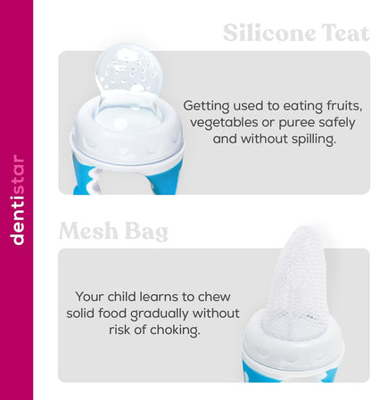dentistar Comedouro de silicone para frutas e vegetais para bebês - a partir de 6 meses - pacote de 2 - conjunto de 5 peças (tampa protetora, tetina de silicone, rede, anel de parafuso, alça) - sem BPA - azul
