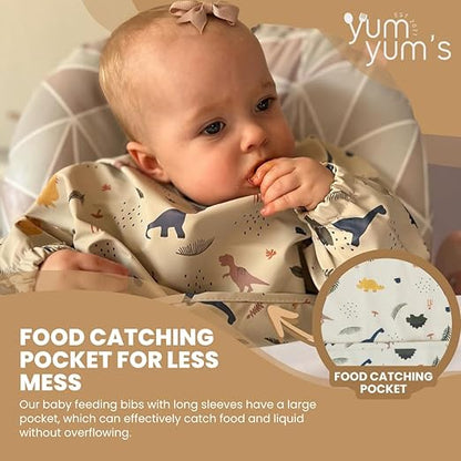 Yum Yum's Babador de silicone para desmame da Baby - Impermeável, fácil de limpar e confortável - Babador de manga comprida para bebês de 6 a 12 meses - Avental multifuncional para alimentação sem sujeira.