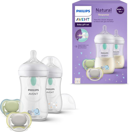 PHILIPS Conjunto de presente para bebê: 2 mamadeiras anti-cólicas, 2 chupetas Ultra Air - sem BPA, transparentes - SCD657/12