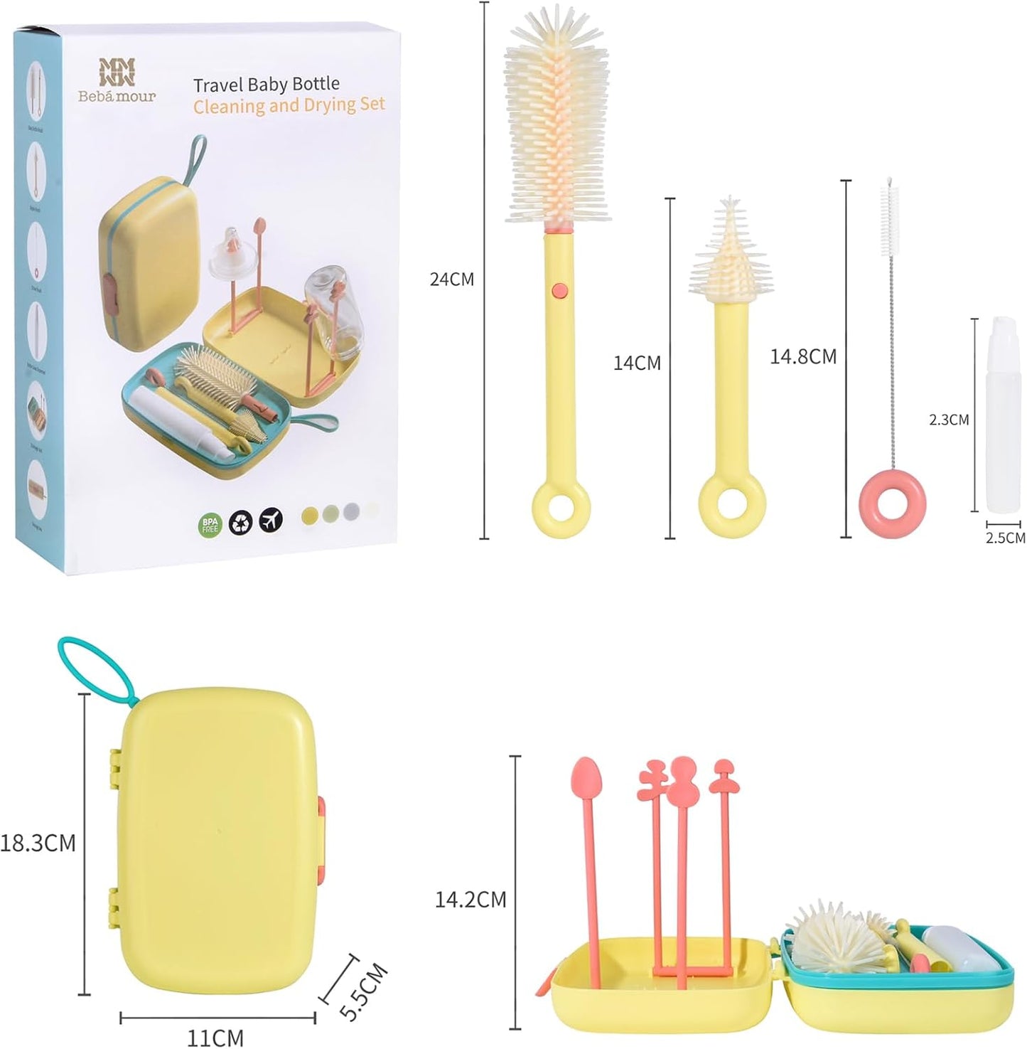 Bebamour Conjunto de escovas para mamadeira 7 em 1, kit de limpeza portátil, laranja