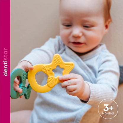 Dentistar Star Teether Pacote de 2, brinquedo de dentição para bebês com mais de 3 meses, anel de dentição de bebê de silicone macio para alívio da dor nos dentes e gengivas