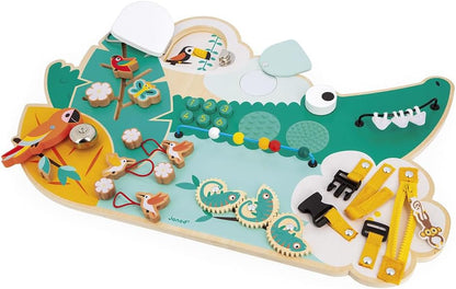 Janod - Busy Board Croco - Quadro de Atividades - Tema Animais da Selva - 14 Atividades - Brinquedo Infantil para Meninos e Meninas - Habilidades Motoras Finas - Brinquedo de Madeira FSCTM - A partir de 18 Meses - J08280