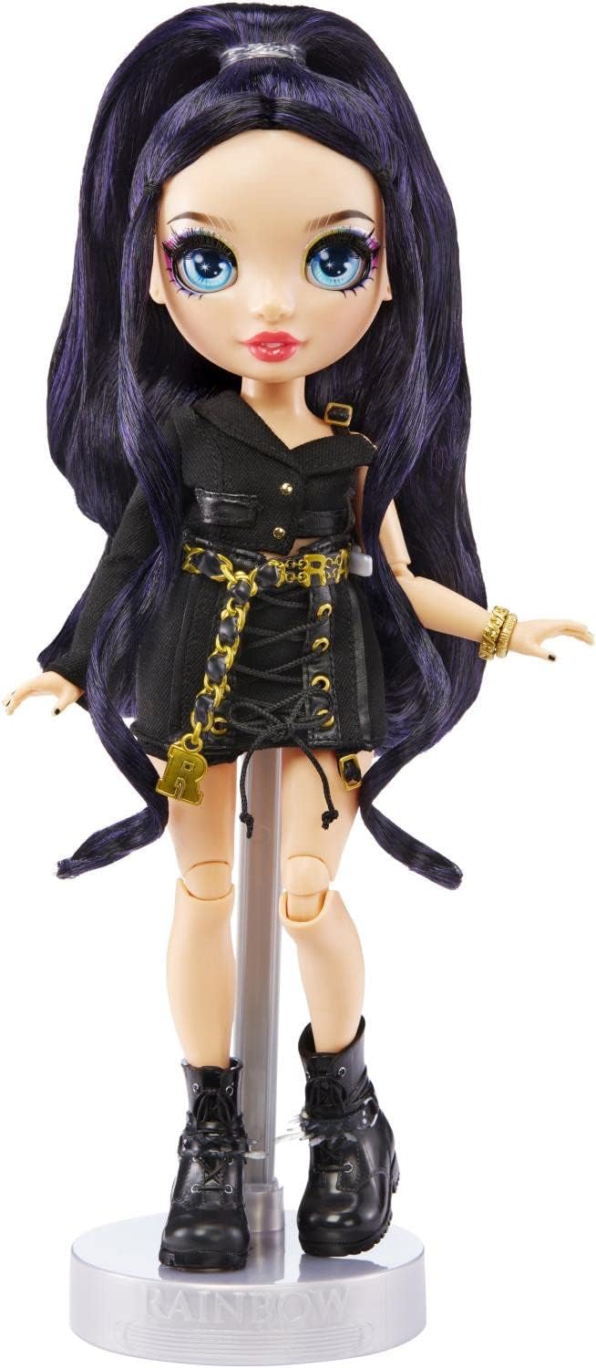 Rainbow High - Ainsley Slater - Boneca Fashion Preta e Dourada. Inclui 3 conjuntos de roupas de grife combináveis e acessórios. Ideal para crianças de 6 a 12 anos e colecionadores.