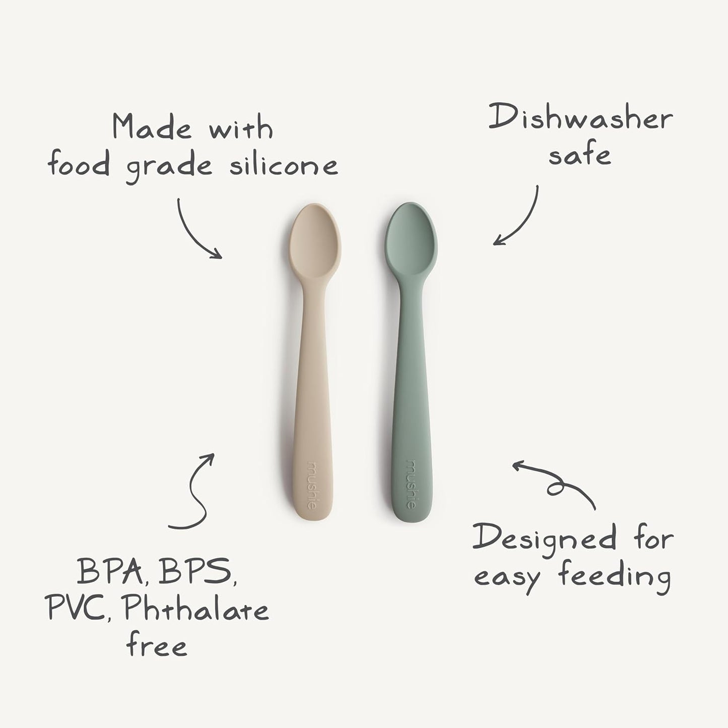 Mushie Colheres de alimentação Baby | Colheres de silicone sem BPA, pacote com 2 | Utensílios duráveis para bebês e crianças pequenas, próprios para lava-louças | Cor rosa