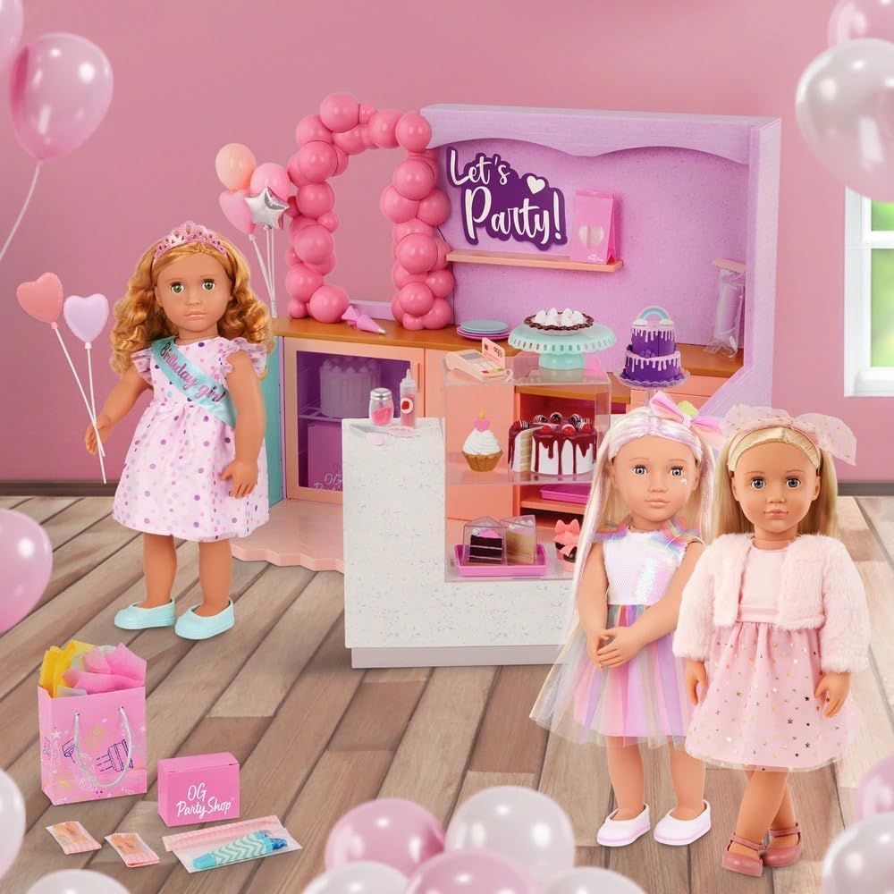 Nossa boneca fashion G Miranda de 45 cm com vestido rosa com estampa de estrelas, jaqueta de pelúcia, laço de cabelo e sapatos.