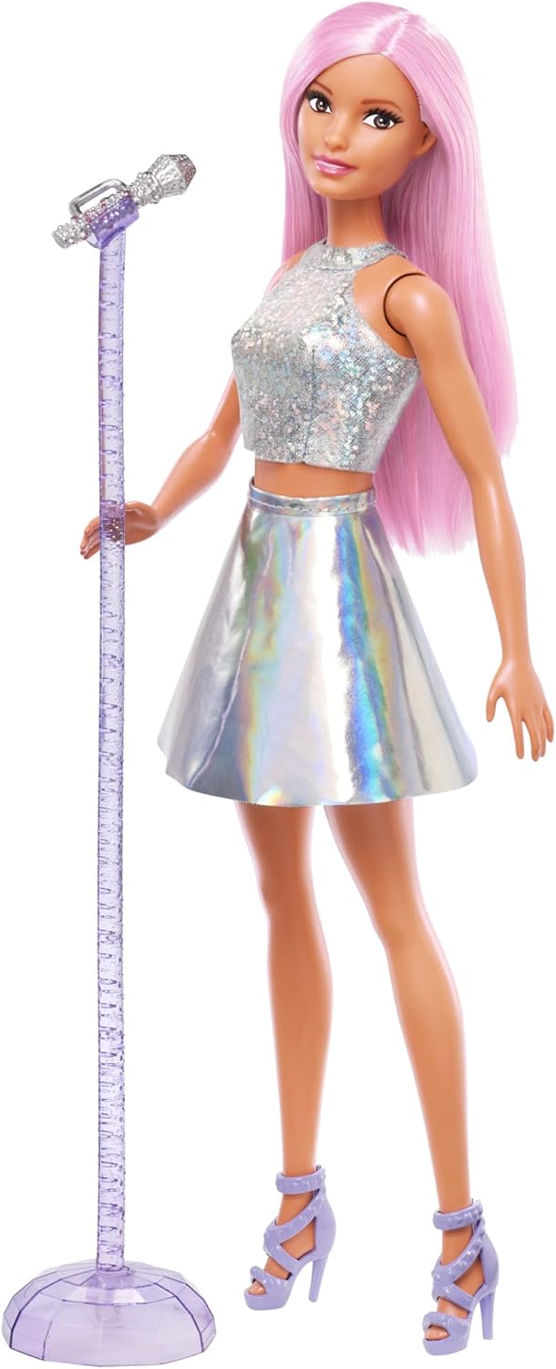 Barbie Boneca Pop Star vestida com saia iridescente com microfone e cabelo rosa, presente para crianças de 3 a 7 anos, FXN98, presente para crianças de 3 a 7 anos, JCW42