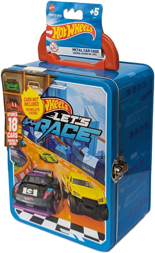 Hot Wheels Estojo de metal para carrinhos em escala 1:64 | Organizador e porta-brinquedos para 18 brinquedos | Presente ideal para colecionadores e crianças a partir de 3 anos | Tampa com design 3D de corrida Hot Wheels (Carrinhos não inclusos)