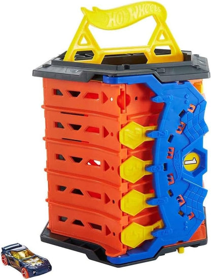 Hot Wheels Conjunto de Pista Roll Out Raceway, Balde de Armazenamento que se Desdobra em uma Pista de 5 Faixas para Brincar com Vários Carrinhos, Conecta-se a Outros Conjuntos