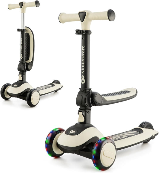 Kinderkraft Scooter Halley 2 em 1 para crianças de 1+ anos até 50 kg, scooter de 3 rodas, bicicleta de equilíbrio, fácil de dobrar, 2 rodas dianteiras piscantes, guidão ajustável, fácil de manusear, pesa apenas 3 kg, branco