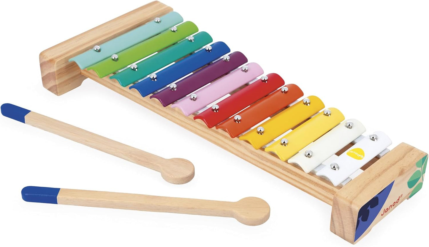Janod - Xilofone de madeira e metal - Instrumento musical para crianças - 12 teclas e 2 baquetas incluídas - Brinquedo de imitação musical - Aquarela - A partir de 18 meses, J07663