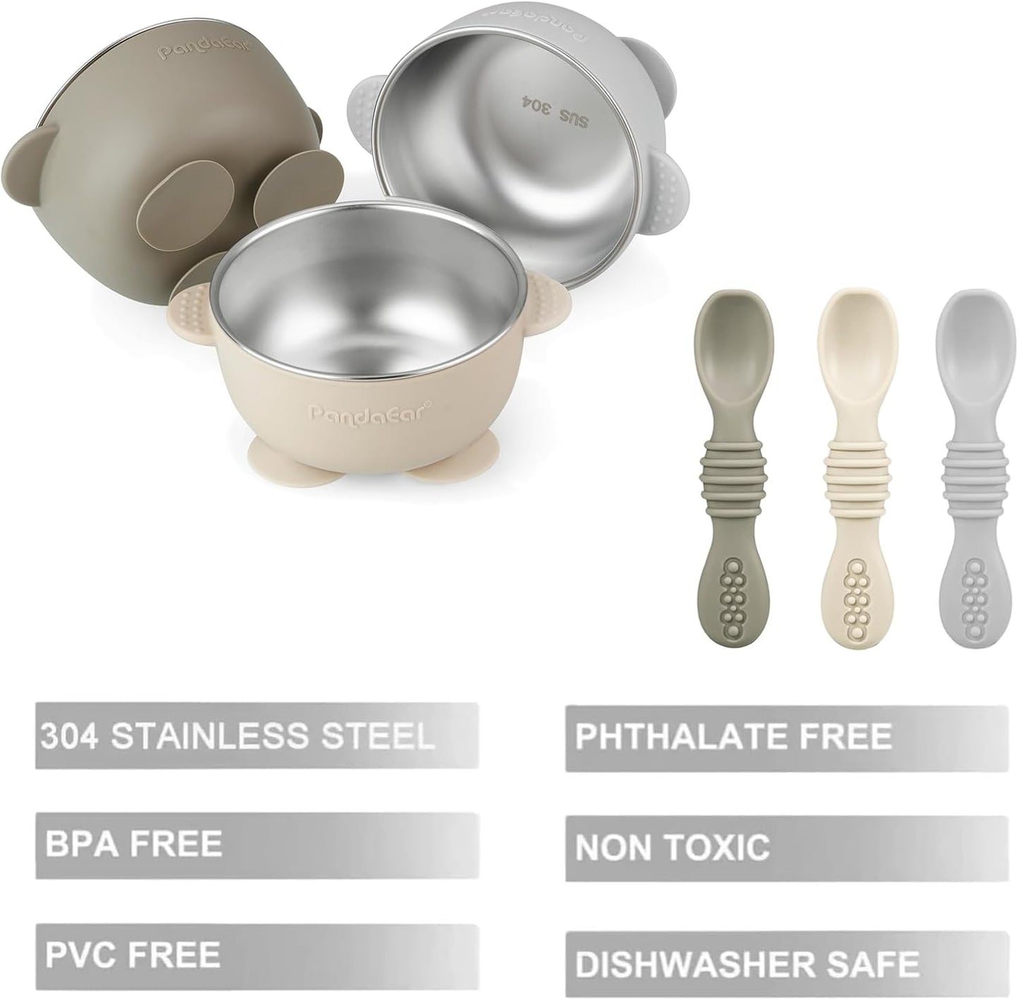 PandaEar Conjunto de 3 Tigelas de Silicone com Ventosa para Bebê, em Aço Inoxidável, com 3 Colheres, que Mantêm a Alimentação Firme, Ideais para Bebês e Crianças em Fase de Introdução Alimentar, Livres de BPA - Cor: Linho...