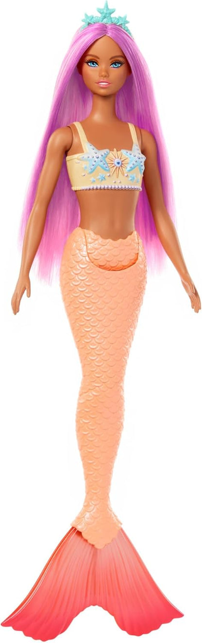 Barbie Bonecas de sereia com cabelo de fantasia e acessórios de faixa de cabeça, brinquedos de sereia com corpete inspirado em conchas e caudas coloridas, HR03