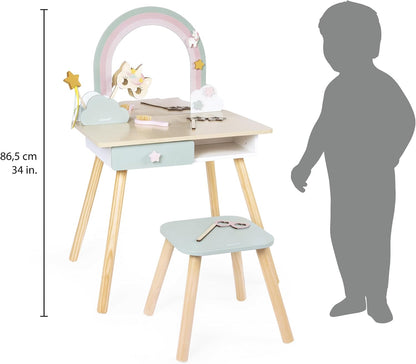 Janod - Penteadeira de menina - Tema unicórnio - Jogo de imitação - Penteadeira com espelho e banquinho de brinquedo - 10 acessórios - Dimensões 56,6 x 42,5 x 86,25 cm - A partir de 3 anos - J06464