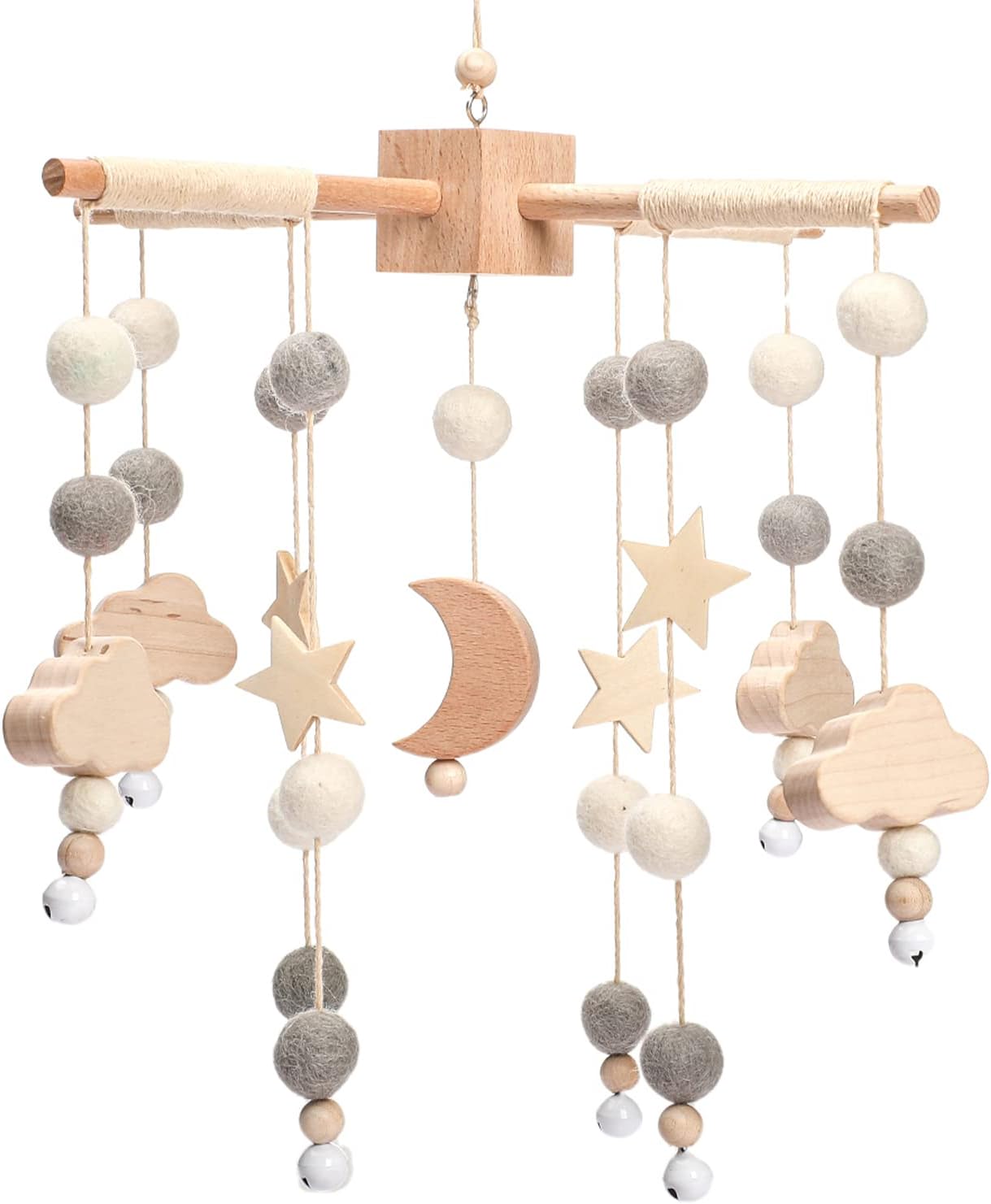 let's make Bolas móviles de madera y forro polar para bebés, campanas de viento, campanas para hamacas de guardería, regalos para recién nacidos para niñas o niños (luna gris)