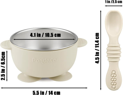 PandaEar Conjunto de 3 Tigelas de Silicone com Ventosa para Bebê, em Aço Inoxidável, com 3 Colheres, que Mantêm a Alimentação Firme, Ideais para Bebês e Crianças em Fase de Introdução Alimentar, Livres de BPA - Cor: Linho...