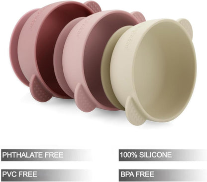 PandaEar Tigelas de silicone com ventosa para bebês | Conjunto com 3 tigelas com ventosa para bebês, crianças pequenas e bebês | Conjunto de tigelas para alimentação de bebês | Macias, seguras e livres de BPA,