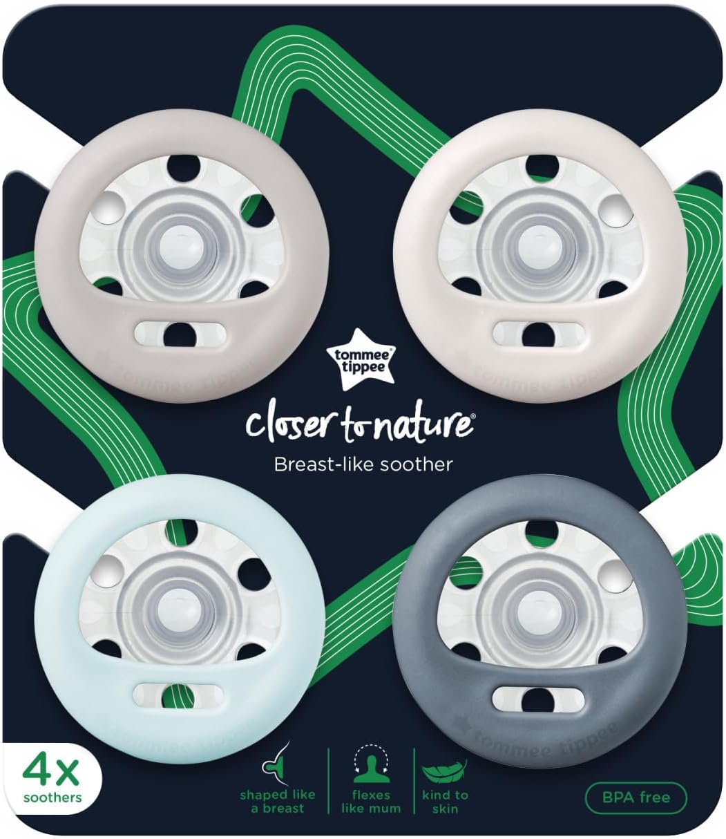 Tommee Tippee Breast-Like Dummies, pacote de 0 a 6 meses com 4 Dummiess com baglet semelhante a peito, design simétrico e sem BPA