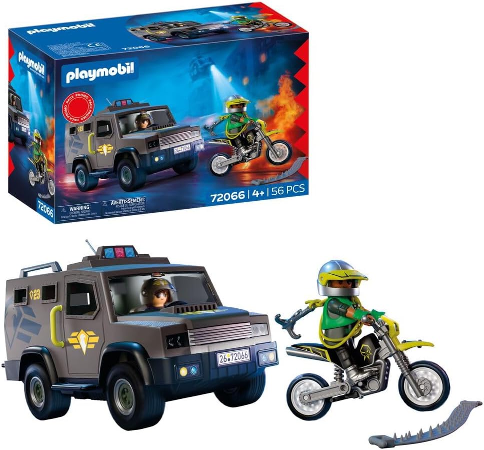 Playmobil Veículo da SWAT City Action, com Policial, Motocicleta do Criminoso e Faixa de Pregos, Brinquedo Infantil para Maiores de 4 Anos, 72066