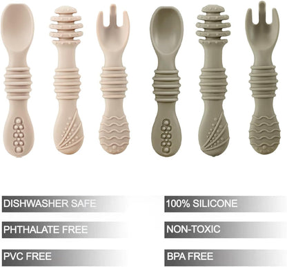 Conjunto de 6 colheres e garfos de silicone para alimentação de bebês | Utensílios de silicone sem BPA para a primeira fase da alimentação independente, para bebês a partir de 6 meses de idade.