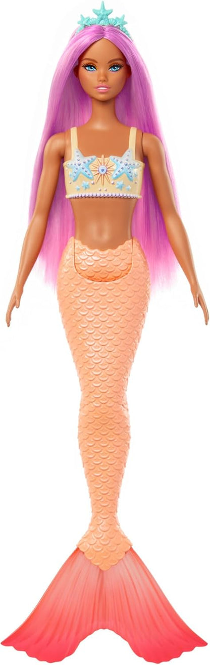 Barbie Bonecas de sereia com cabelo de fantasia e acessórios de faixa de cabeça, brinquedos de sereia com corpete inspirado em conchas e caudas coloridas, HR03