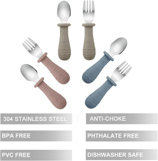 PandaEar Conjunto de Talheres Infantis com 6 Peças | Conjunto de Garfo e Colher para Bebê | Talheres Infantis em Aço Inoxidável | Talheres para Bebês a partir de 12 Meses com Design Antiengasgo e Apoio de Silicone (Azul/Marrom/Vermelho)
