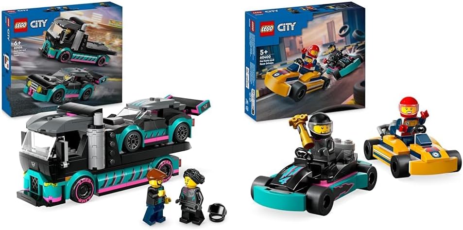 LEGO Conjunto de construção de brinquedo, veículo e transportador para carro de corrida urbano e caminhão transportador de carro para meninos e meninas de 6 anos ou mais com rampa de carregamento ajustável, minifiguras de piloto e motorista, presente