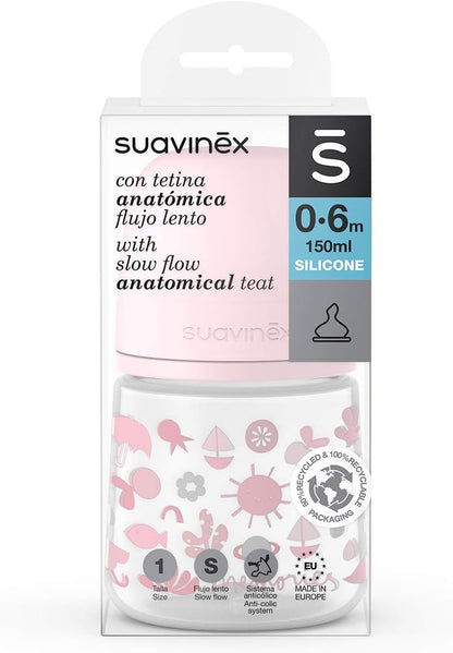 SUAVINEX 307108 Tetina Anatômica de Silicone, Fluxo Lento, para Bebês de 0 a 6 Meses, Rosa, 150 ml