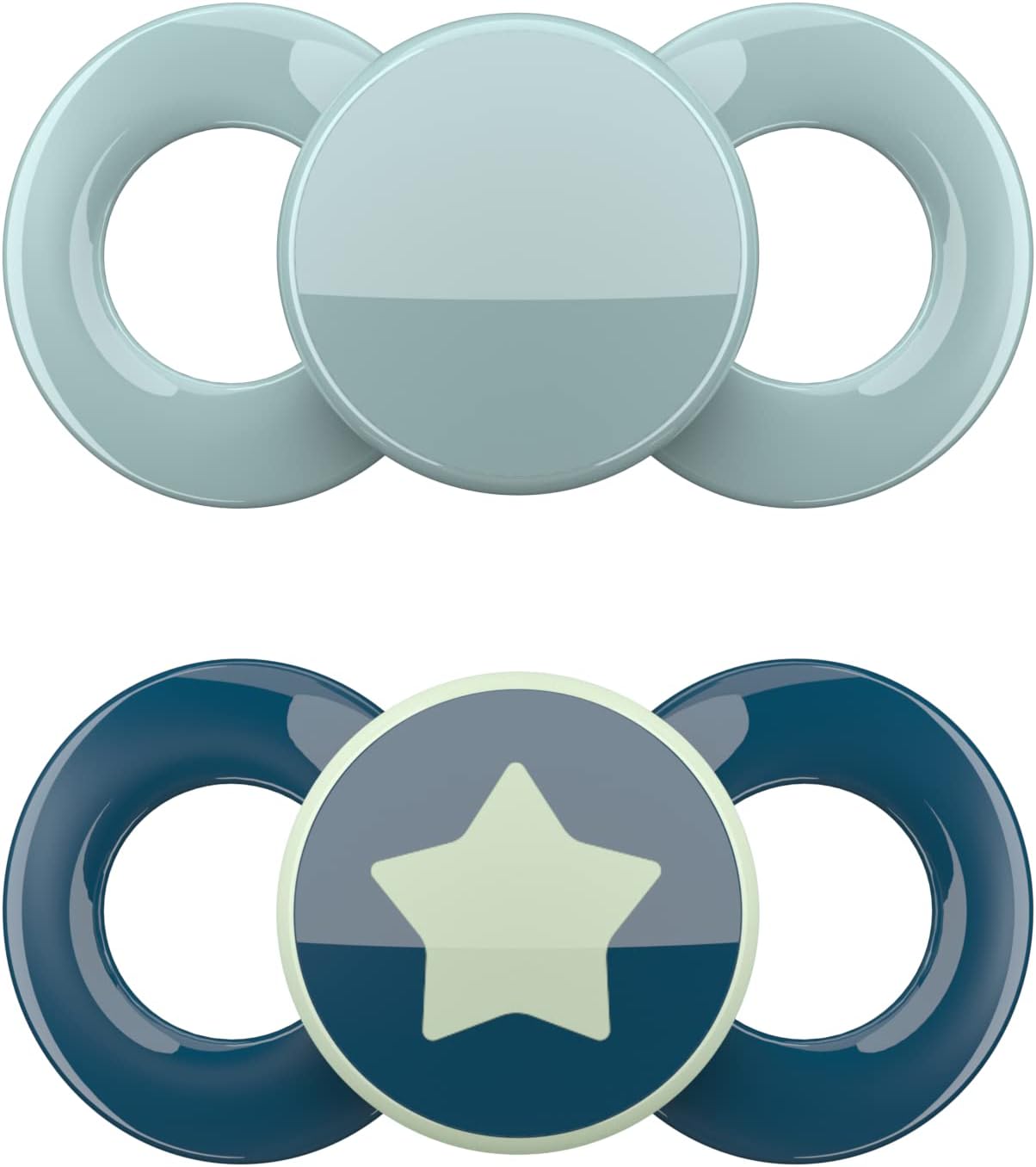 Dentistar Conjunto de 2 chupetas Day & Night - Tamanho 3 para mais de 14 meses - Chupeta de silicone adequada para dentes e mandíbulas - com 1 chupeta que brilha no escuro - Turquesa/Azul