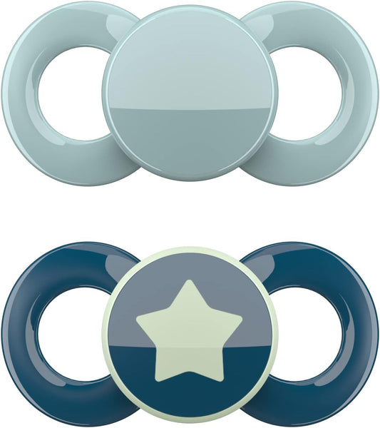 Dentistar Conjunto de 2 chupetas Day & Night - Tamanho 3 para mais de 14 meses - Chupeta de silicone adequada para dentes e mandíbulas - com 1 chupeta que brilha no escuro - Turquesa/Azul