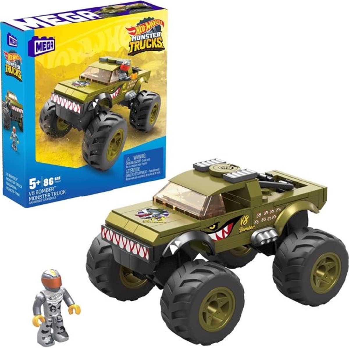 Mega Conjunto de Montagem Hot Wheels Monster Truck V8 Bomber com 86 Peças