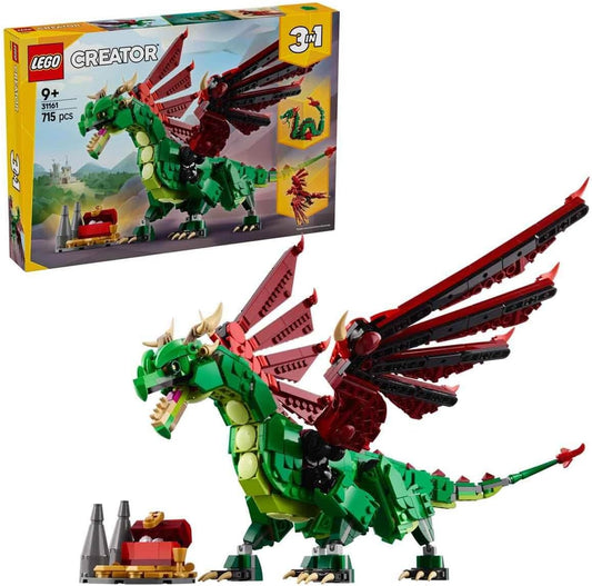 LEGO Brinquedo de dragão medieval Creator 3 em 1 - transforma-se em uma serpente marinha ou em uma figura de animal Fênix - Conjunto de construção de criaturas míticas para crianças, meninos e meninas a partir de 9 anos