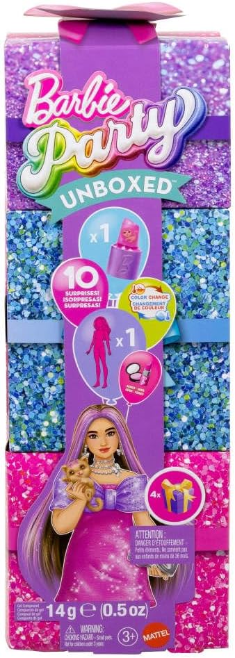 Barbie Festa sem Caixa: Boneca e Acessórios, Série Festa Glamourosa com 10 Surpresas, Incluindo Boneca Rosa Brilhante que Muda de Cor, JFY67