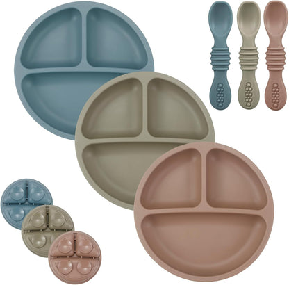 PandaEar Conjunto de 3 Pratos Infantis com Ventosa para Introdução Alimentar, Incluindo 3 Colheres, Pratos de Silicone para Crianças, Prato Dividido com Ventosa Inquebrável, Antiderrapante, Atóxico e Livre de BPA