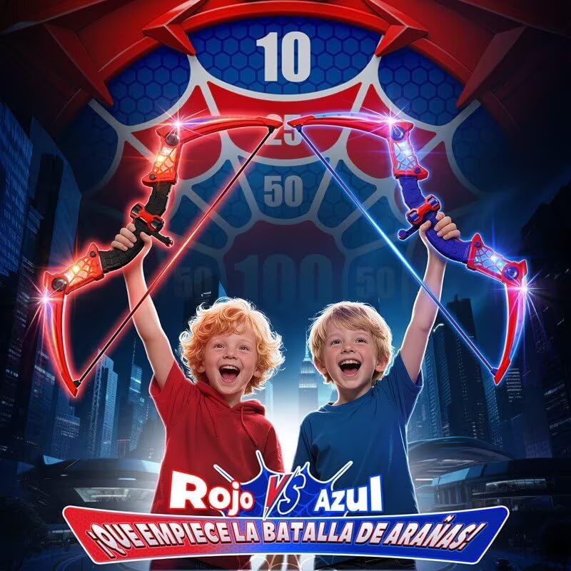 Brinquedos para crianças de 3 a 12 anos, conjunto com 2 aranhas de brinquedo com luzes LED vermelhas e azuis, aranha com alvo fixo e 2 aljavas, brinquedo para uso interno e externo, presente de aniversário para meninos e meninas de 3 a 12 anos.