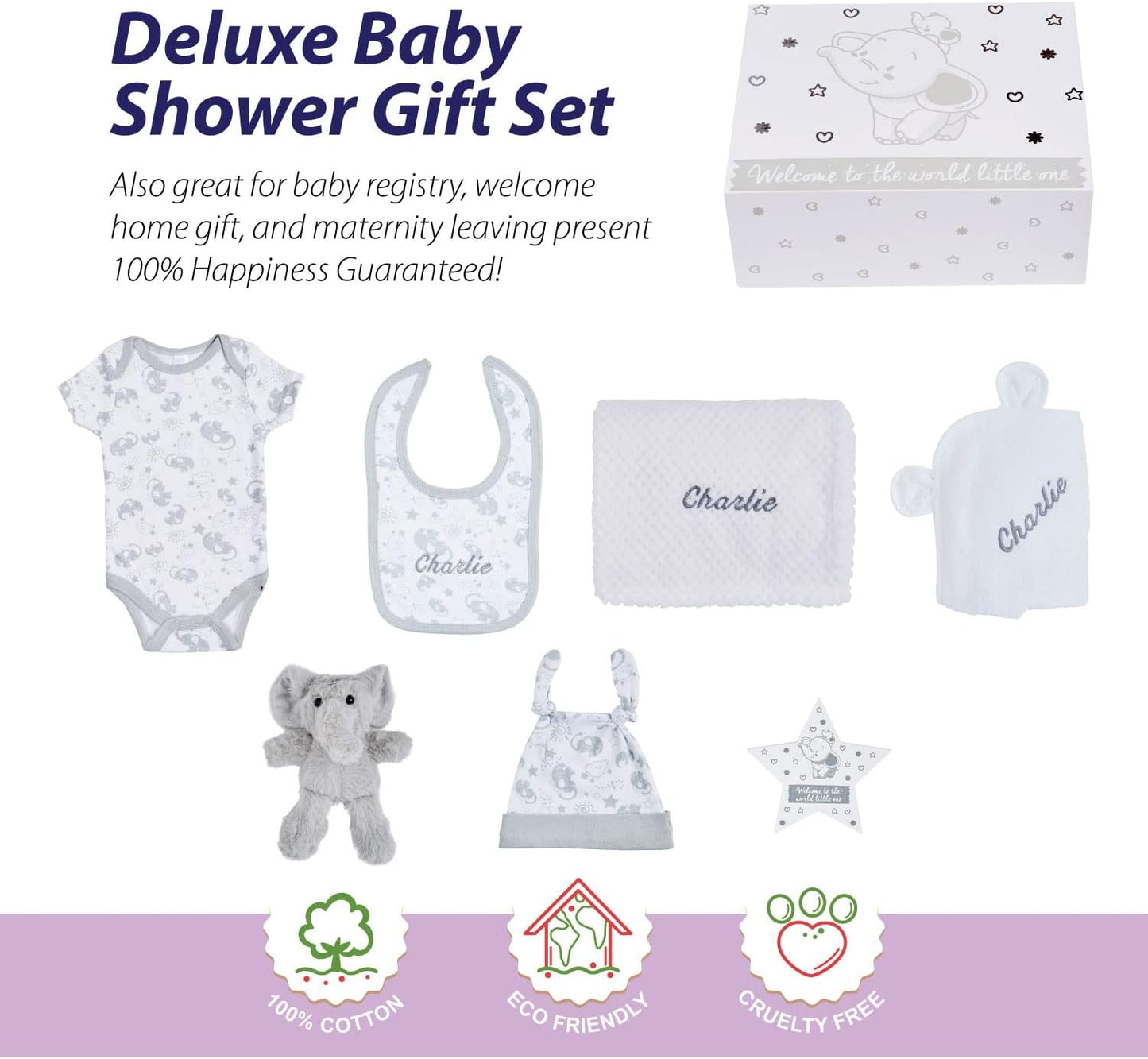 Baby Box Shop Conjunto de presentes personalizados para bebês Caixa de presente unissex, presentes para meninos e meninas, loja de caixas de bebê Conjunto de presentes unissex para bebês 7 itens essenciais para presentes de recém-nascidos