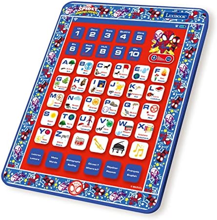 LEXIBOOK, Homem-Aranha e Seus Incríveis Amigos, Tablet Educativo Bilíngue, Brinquedo para aprender o alfabeto, números, palavras, ortografia e música, Inglês/Francês, Azul/Vermelho, JCPAD002SPi1