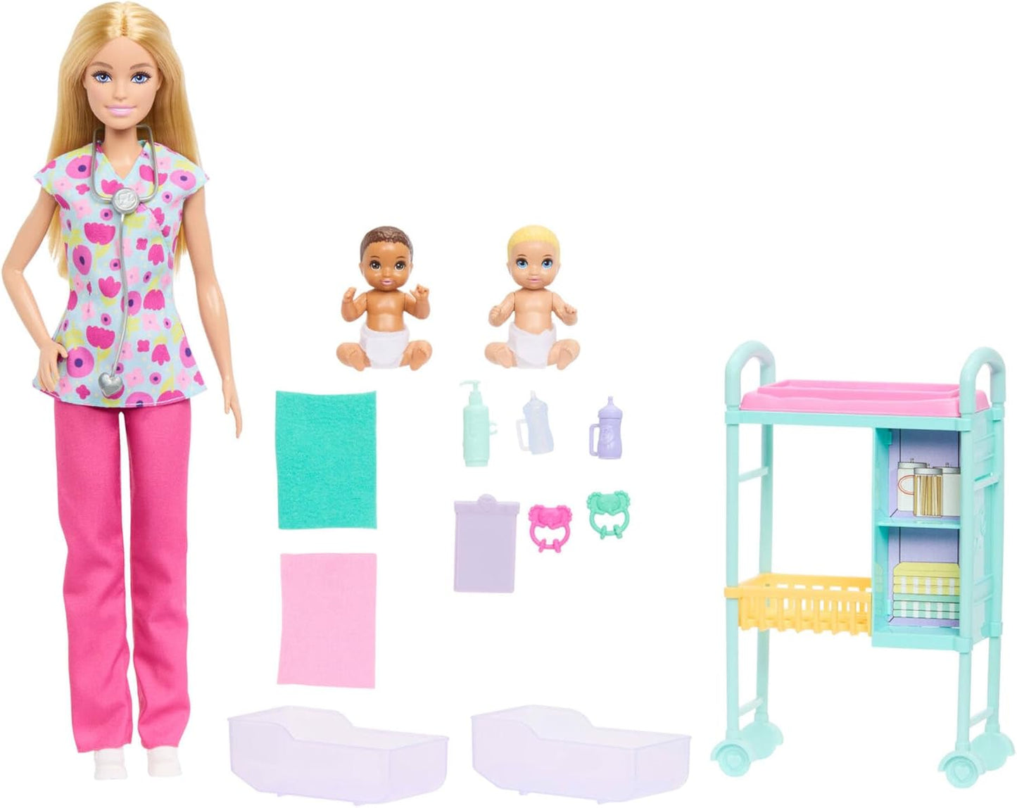 Barbie Careers Baby Doctor Playset com boneca loira de uniforme médico, 2 bonecas bebês, mesa de exame e acessórios, JMK12