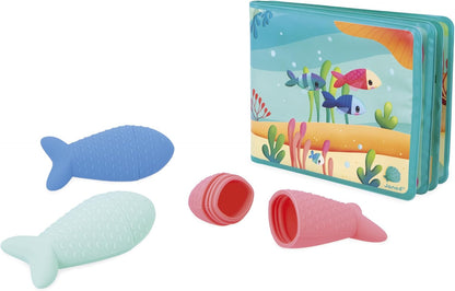 Janod - Livro de banho interativo com 3 brinquedos de aspersão incluídos - 1 livro + 3 aspersores - Desenvolve habilidades motoras finas - Fácil de limpar - A partir de 10 meses - J04733