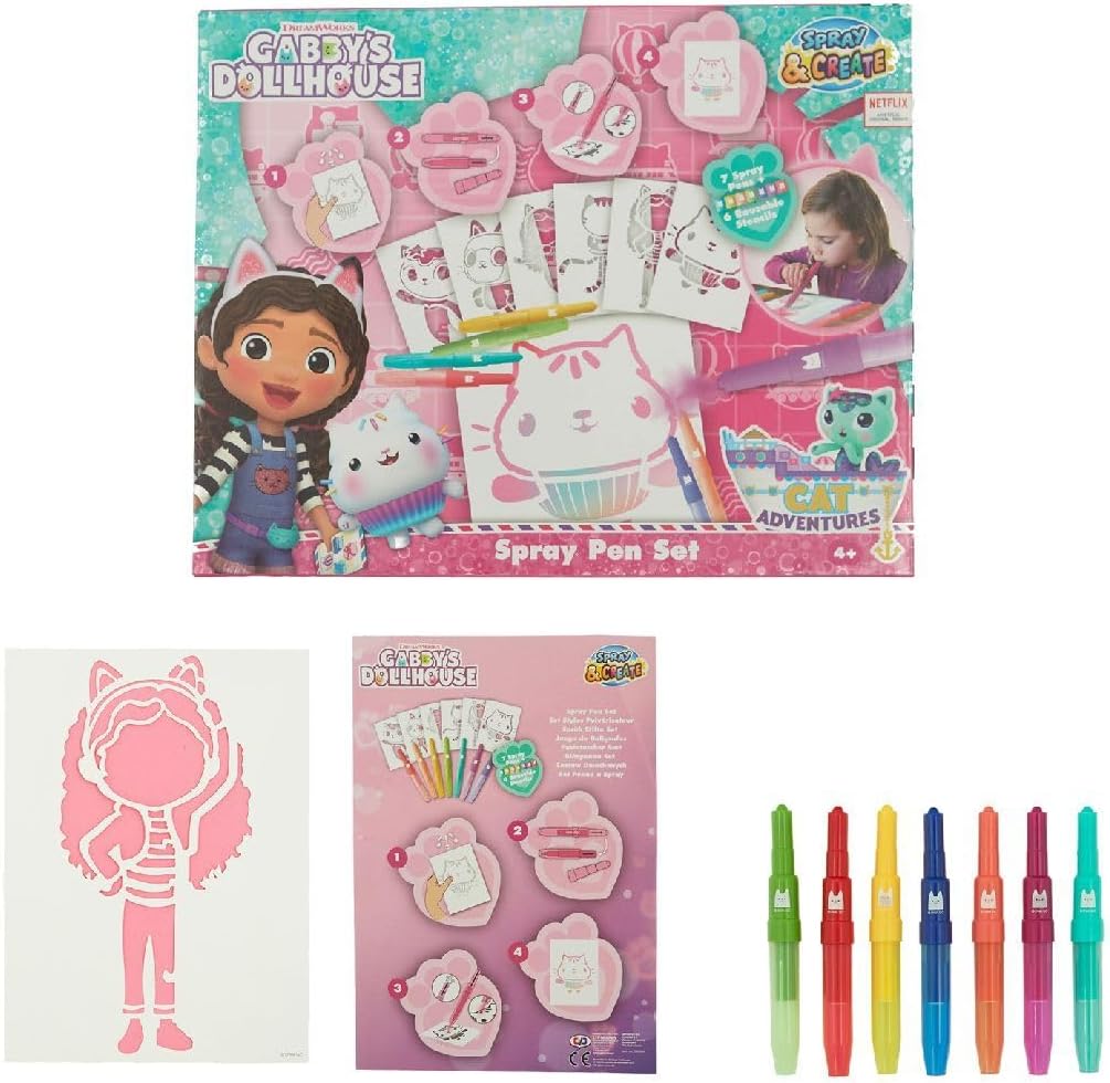Conjunto de Canetas Aerográficas e Estênceis da Casa de Bonecas da Gabby - Kit de Desenho Artístico com Caneta de Feltro e Moldes - Conjunto de Arte Criativa para Colorir para Crianças a partir de 4 Anos - Diversão com o Tema da Gabby