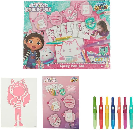 Conjunto de Canetas Aerográficas e Estênceis da Casa de Bonecas da Gabby - Kit de Desenho Artístico com Caneta de Feltro e Moldes - Conjunto de Arte Criativa para Colorir para Crianças a partir de 4 Anos - Diversão com o Tema da Gabby