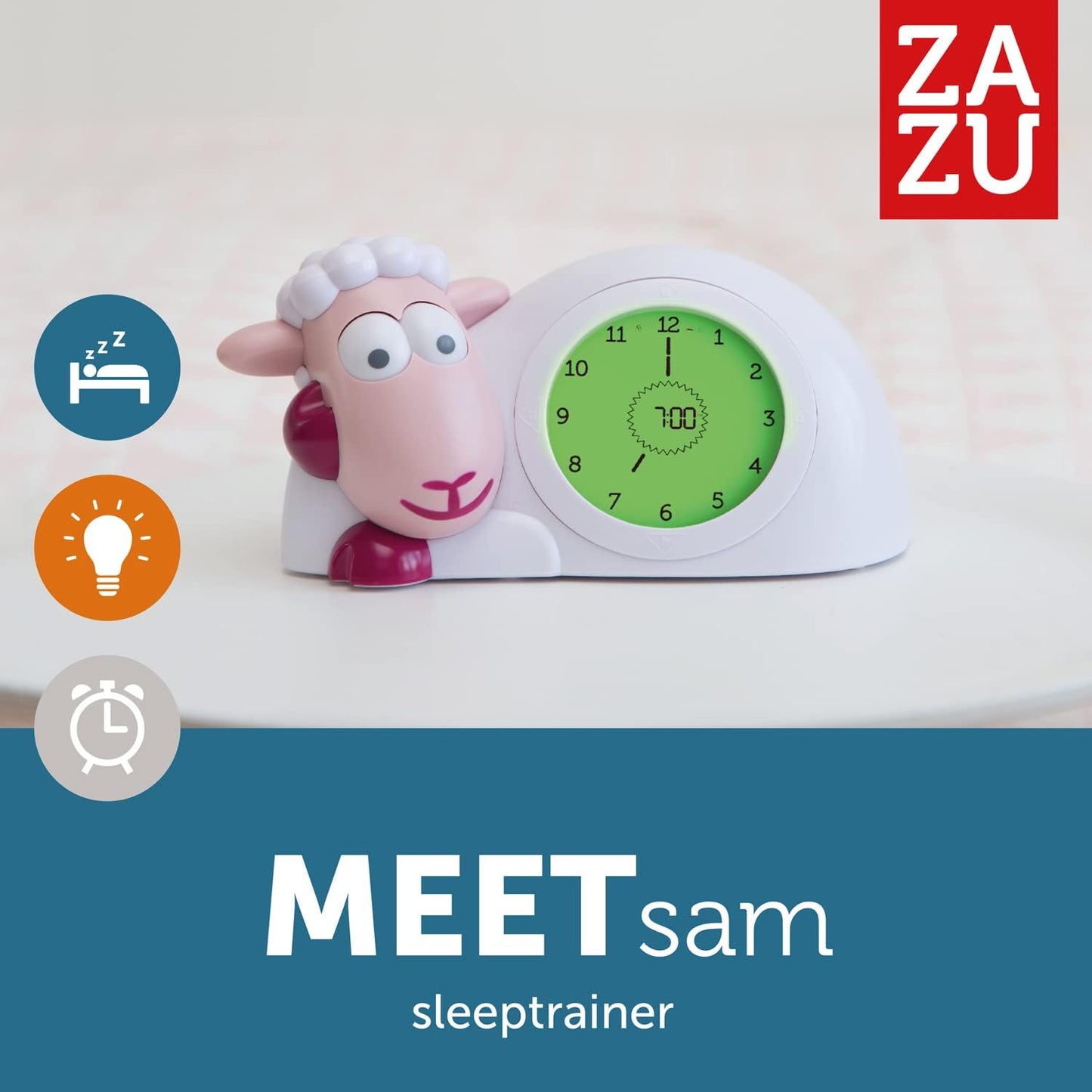 ZAZU Relógio Sam the Lamb - Relógio para treinamento de sono e luz noturna para crianças | Despertador iluminado | Ajuda a ensinar seu filho quando acordar com indicadores visuais | Brilho Ajustável | Desligamento automático