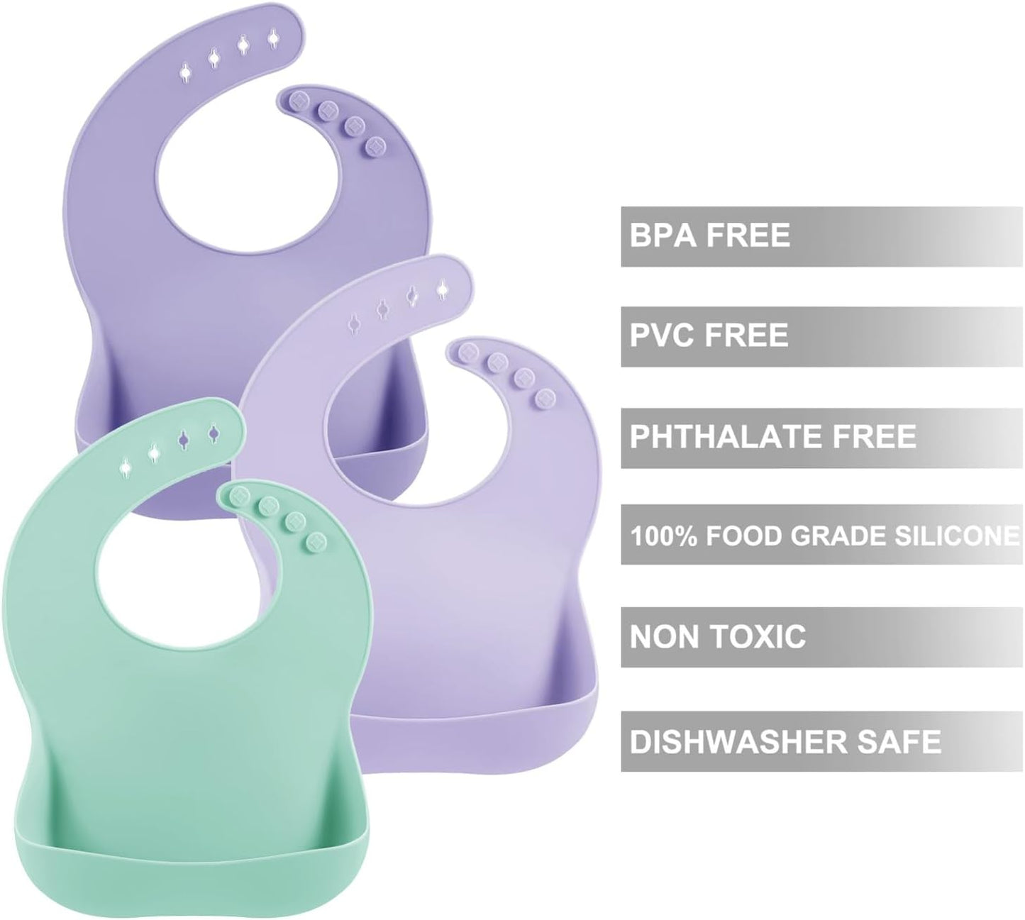 PandaEar Conjunto de 3 Babadores de Silicone Grosso para Bebês e Crianças de 10 a 72 Meses | Babadores Ajustáveis e Impermeáveis com Bolso Coletor de Alimentos, Macios, Unissex e Sem Sujeira