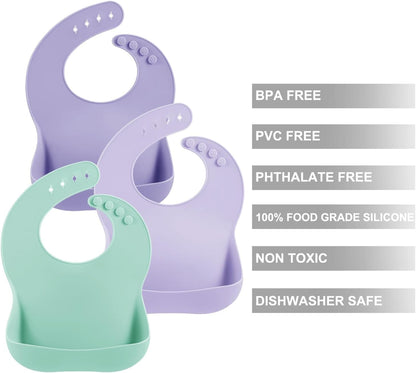 PandaEar Conjunto de 3 Babadores de Silicone Grosso para Bebês e Crianças de 10 a 72 Meses | Babadores Ajustáveis e Impermeáveis com Bolso Coletor de Alimentos, Macios, Unissex e Sem Sujeira