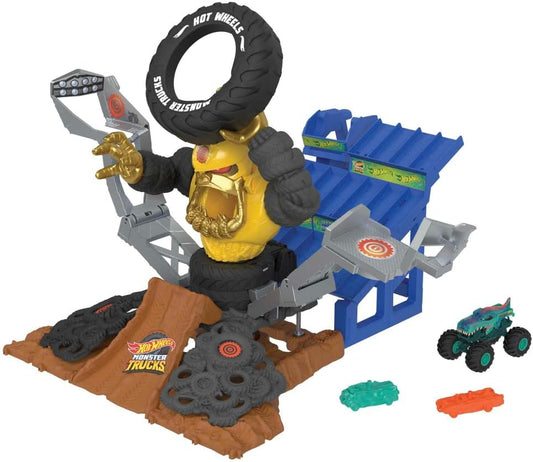 Hot Wheels Monster Trucks Arena Smashers Mega-Wrex vs. Crushzilla Takedown com caminhão de brinquedo Mega-Wrex em escala 1:64 e 2 carros esmagáveis, HPR47