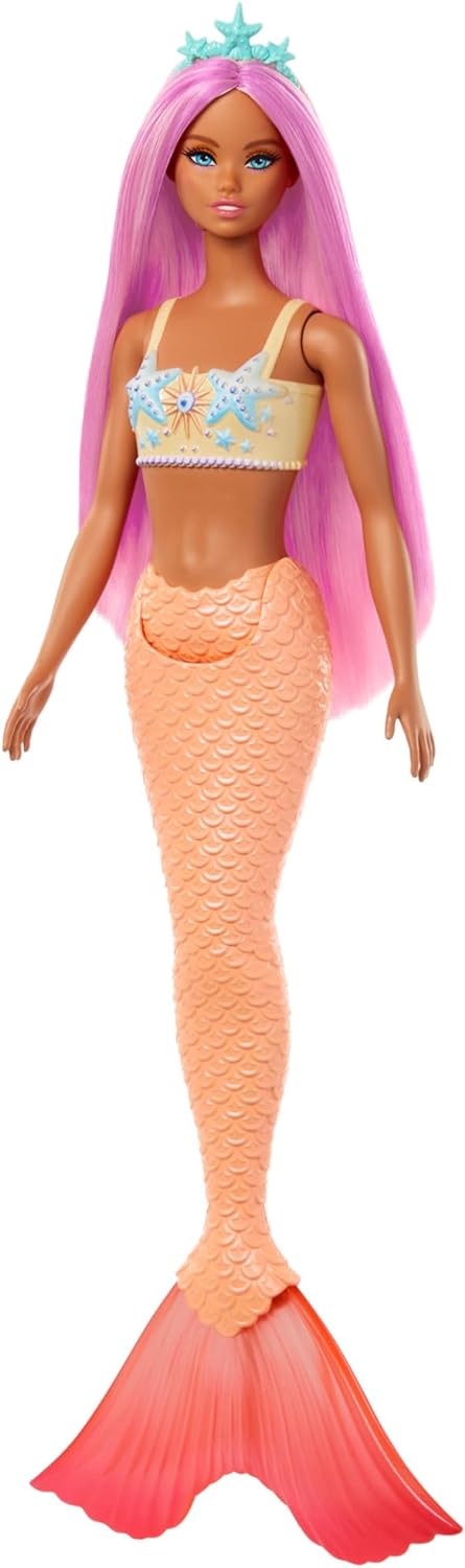 Barbie Bonecas de sereia com cabelo de fantasia e acessórios de faixa de cabeça, brinquedos de sereia com corpete inspirado em conchas e caudas coloridas, HR03