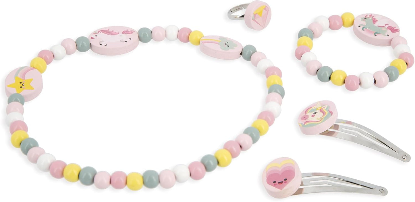 Janod - Conjunto de 5 joias de madeira de unicórnio - 1 colar, 1 pulseira, 1 anel e 2 clipes - Joias de madeira e metal FSC - Acessório de moda - A partir de 3 anos - J08880