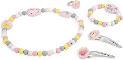 Janod - Conjunto de 5 joias de madeira de unicórnio - 1 colar, 1 pulseira, 1 anel e 2 clipes - Joias de madeira e metal FSC - Acessório de moda - A partir de 3 anos - J08880