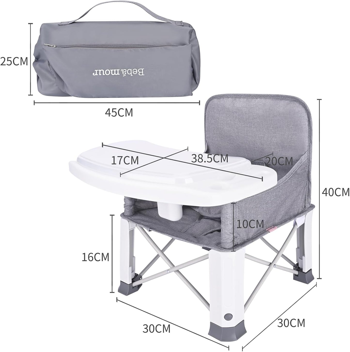 Bebamour Cadeira alta portátil dobrável para bebês , ideal para uso externo, com bandeja removível e bolsa de armazenamento. Cor: cinza.