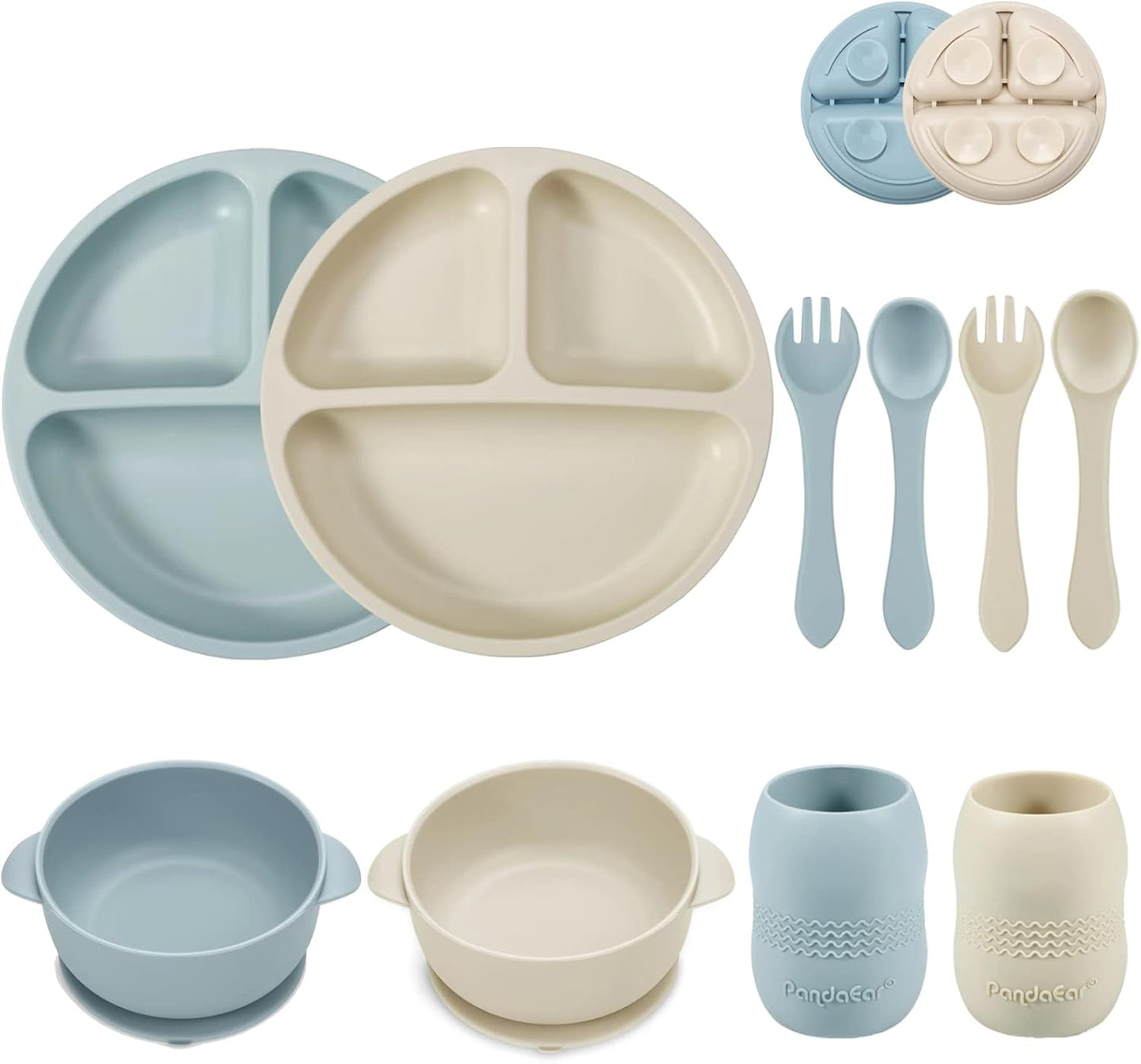 PandaEar Conjunto de alimentação para bebês em silicone | Kit para introdução alimentar | 2 pratos divididos com ventosas + 2 tigelas com ventosas + 2 copos de transição com 2 colheres