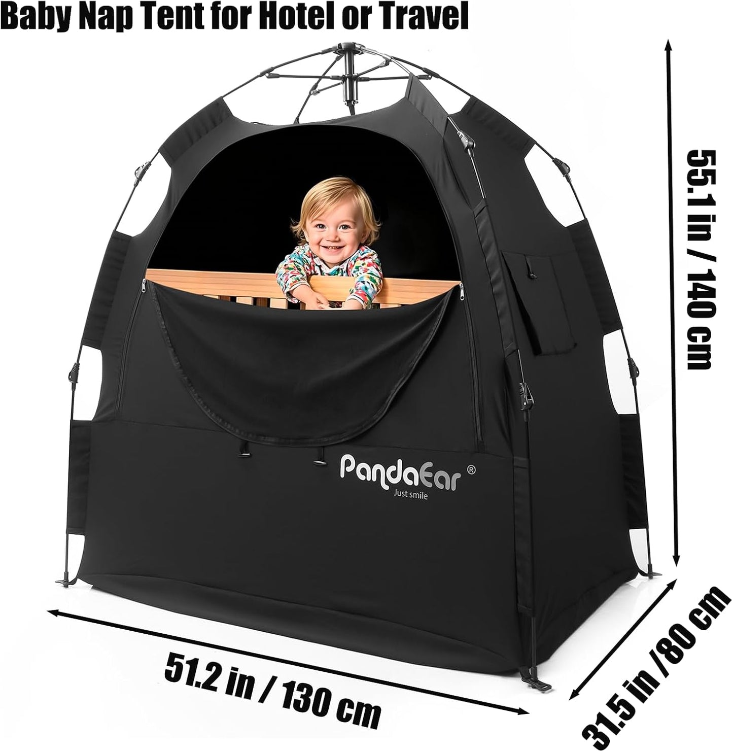 PandaEar Tenda portátil com bloqueio de luz para bebês e crianças pequenas, cobertura de privacidade para berços portáteis, mini berços, ninho de dormir dobrável para viagens e uso interno, bloqueia 95% da luz, preta.